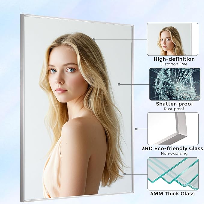 24x32 Inch Nickel Bathroom Mirror for Wall, Aluminum Frame Rectangle Rectangular Vanity Mirror, Modern Large for Bedroom, Living Room, Horizontal or Vertical