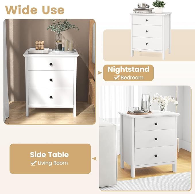 KOMFOTT 3 Drawers Nightstand, Wooden Bedside Table, Modern Sofa Side End Table, Space-Saving Telephone Table, Chest of Drawers for Living Room, Bedroom & Office (1, White)