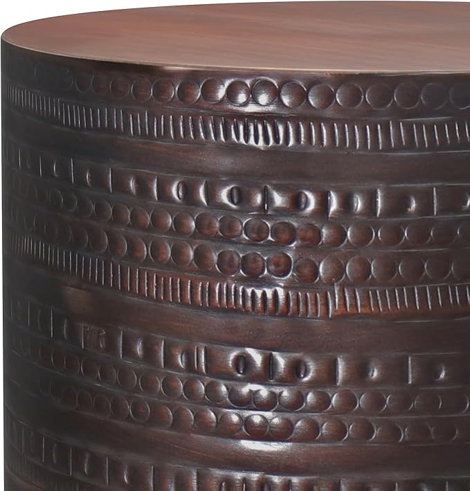 SIMPLIHOME Johnsen Metal Table - 15 inch Wide Solid Iron Drum Accent Table in Oil Rubbed Bronze with Tribal Pattern, Round Boho End Table for Living Room, Bedroom, or Home Office, Fully Assembled