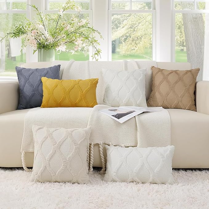 decorUhome Throw Pillow Covers 18x18 Inch Set of 2, Soft Plush Faux Fur Wool Beige Couch Pillow Covers, Decorative Neutral Pillow Cases for Bed Sofa Living Room Home Decor