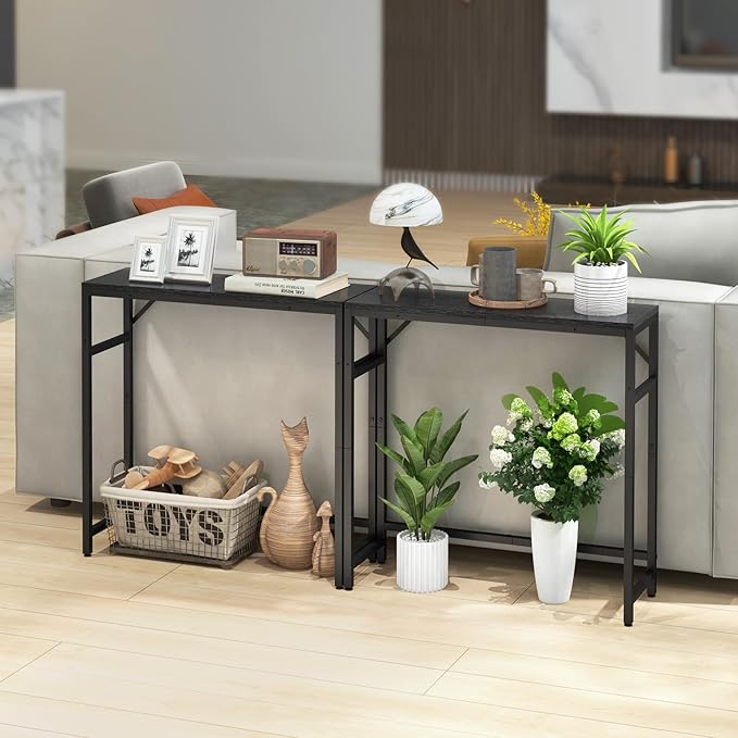 Narrow Console Table for Entryway, 29.5” Entryway Table with Shelf, Industrial Thin Sofa Table with 2 Support Bars Behind Couch, Display Tables for Living Room, Bedroom, Foyer, Black