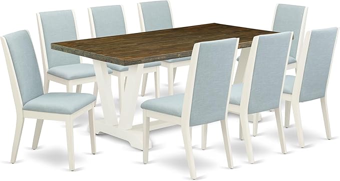 East West Furniture V077LA015-9 9 Piece Dining Set Includes a Rectangle Dining Room Table with V-Legs and 8 Baby Blue Linen Fabric Upholstered Chairs, 40x72 Inch, Multi-Color