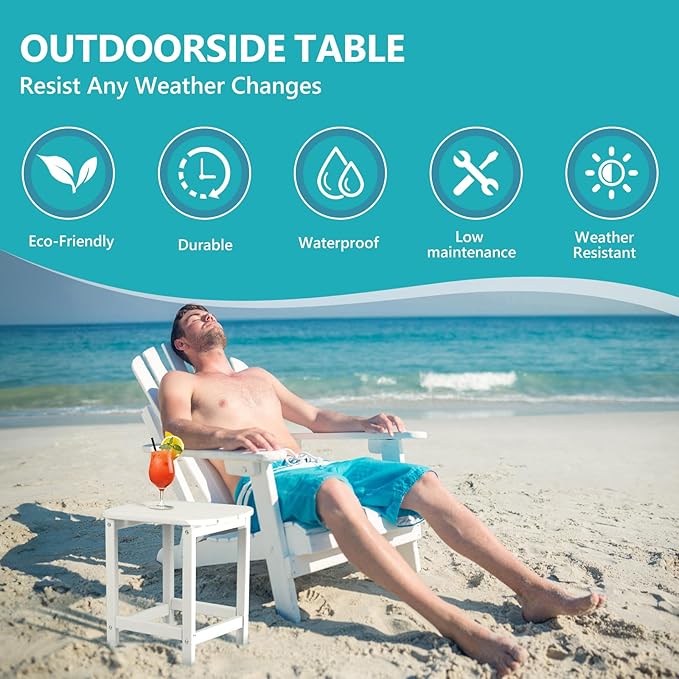 Hdpe Outdoor Adirondack Side Table, Wooden Textured, Set for Patio, Garden, Porch, Pool Composite Patio, Backyard, Bathroom and Indoor, Maintenance & Weather Resistant (White)