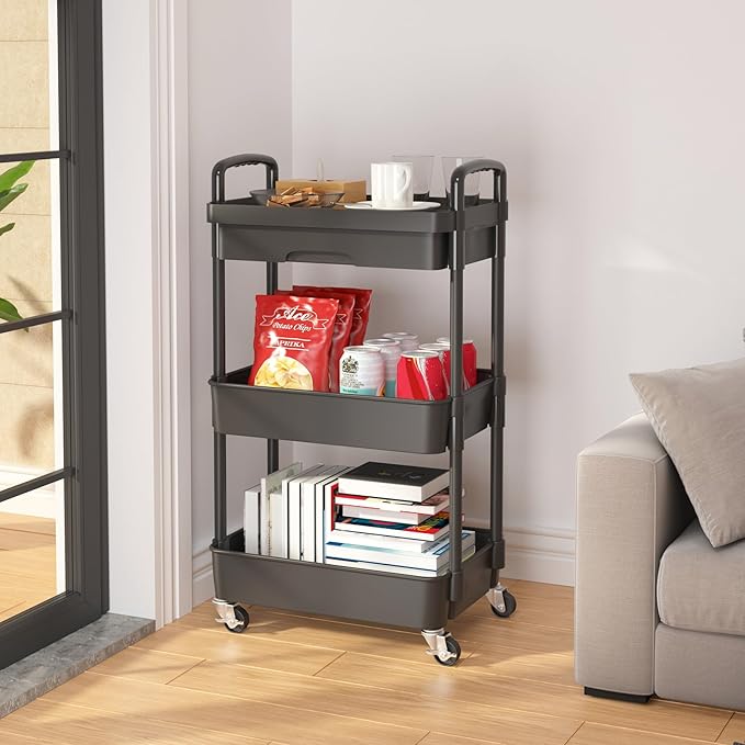 Calmootey 3-Tier Rolling Utility Cart with Drawer,Multifunctional Storage Organizer with Plastic Shelf & Metal Wheels,Storage Cart for Kitchen,Bathroom,Living Room,Office,Black