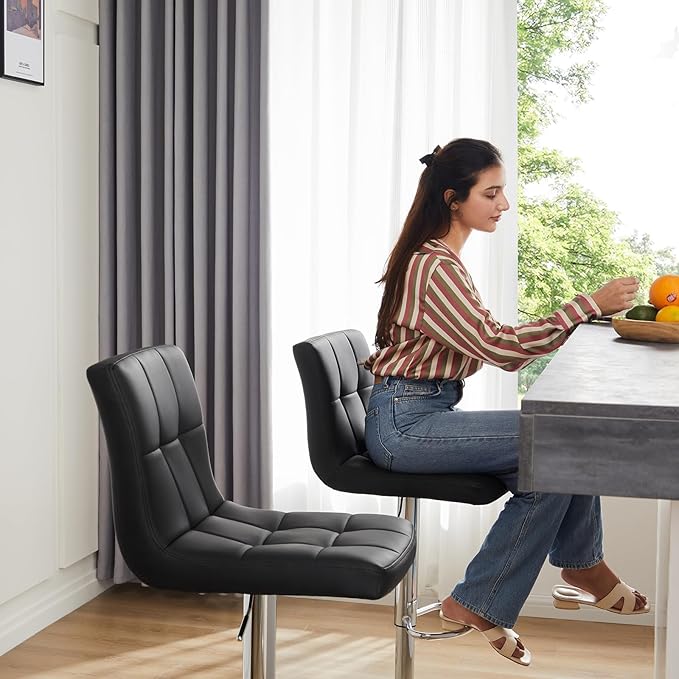 Sweetcrispy Bar Stools Set of 4, Armless PU Leather Adjustable Swivel Barstools, Hydraulic Kitchen Counter Height Thickened Seat Cushion Square Island Countertop Chairs with Back - Modern Black