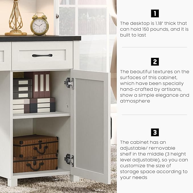 67''H Farmhouse Executive Desk with Hutch & 5 Drawers, Rustic Office Desks Computer Desks with Charging Station, File Drawers and Storage Cabinets, Wood Workspace for Home Office & Study,Black.