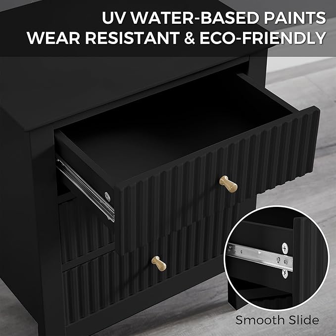 OCANDO Fluted Black Nightstand 19", 3 Drawers Night Stand, Bed Side End Table for Small Living Room, Modern Bedroom Storage Cabinet