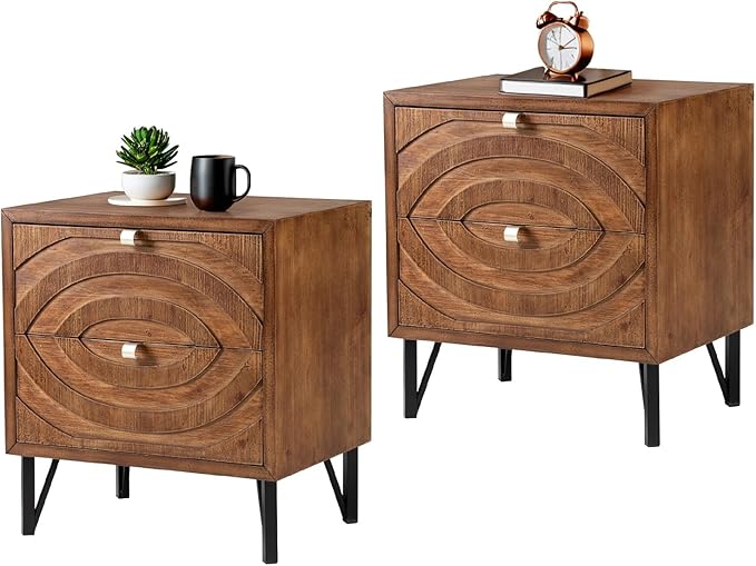 COSIEST Vintage Nightstands Set of 2, Bedside Tables with 2 Storage Drawers, Rustic End Tables for Bedroom and Living Room, Easy to Assemble (Brown, Circle Pattern)