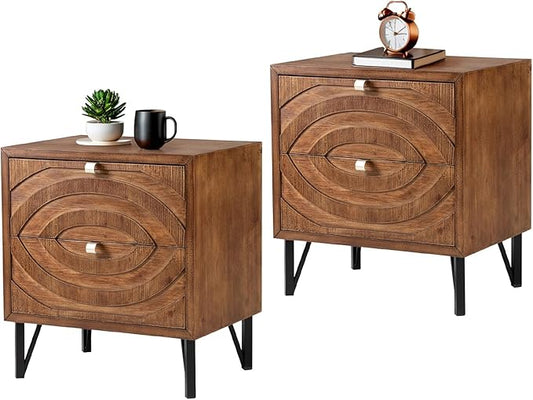COSIEST Vintage Nightstands Set of 2, Bedside Tables with 2 Storage Drawers, Rustic End Tables for Bedroom and Living Room, Easy to Assemble (Brown, Circle Pattern)