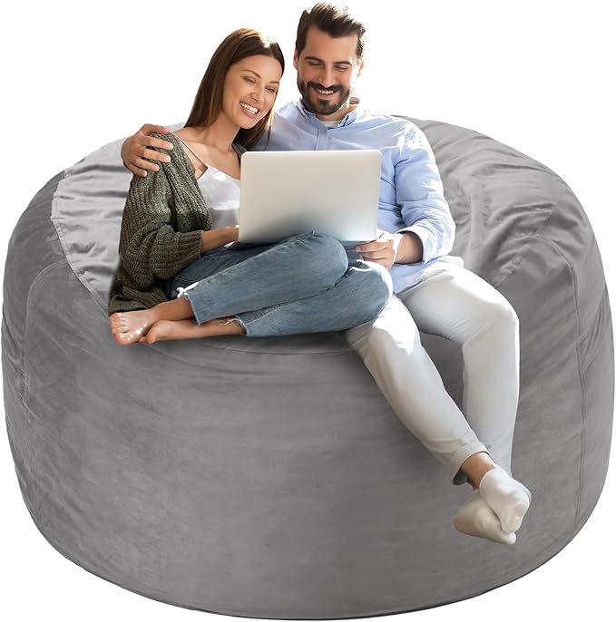Homguava 4 FT Bean Bag Chair: 4' Bean Bags with Memory Foam Filled, Large Beanbag Chairs Soft Sofa with Dutch Velvet Cover-Light Grey