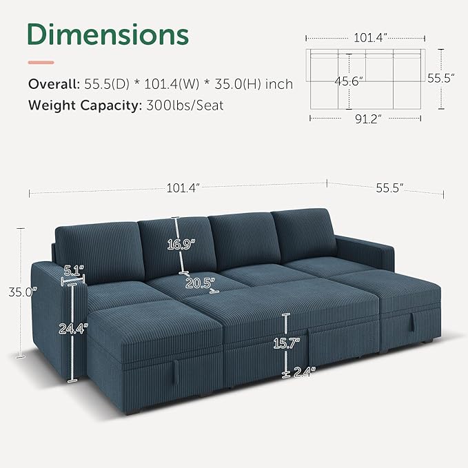 HONBAY Modular Sectional Sleeper Sofa Bed, Corduroy Pull Out Couch with Storage Ottoman, U Shaped Sectional Couches for Living Room, Blue