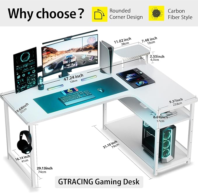GTRACING Gaming Desk L Shaped Desk Carbon Fiber Style Computer Desks Compatible with Monitor Arm Storage Shelves Corner Desk Gaming Table for Home Office Desks Easy to Assemble Adjustable Shelf Height
