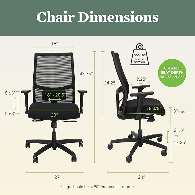 HON Ignition 2.0 Mid Back Task Chair, Standard Synchro-Tilt Control, Office Chair with Lumbar Support, Height and Width Adjustable Arms, Black Frame, Black