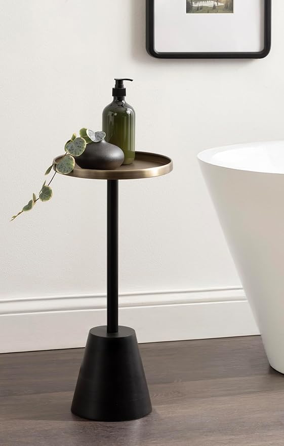 Kate and Laurel Tira Elegant Round Drink Table, 10 x 22, Antique Brass and Black, Vintage Glam Circle Martini Table for Use as a Small Bedroom Nightstand or Living Room Plant Stand Option