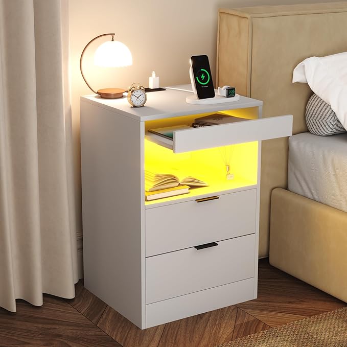 Gadroad LED Nightstand with Charging Station, Bedside Table with 3 Drawers and LED Lights, End Table Sofa Couch Side Table with Pull-Out Shelf, White
