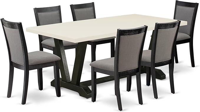 East West Furniture V627MZ650-7 7 Piece Dining Table Set Consist of a Rectangle Kitchen Table with V-Legs and 6 Dark Gotham Grey Linen Fabric Parson Chairs, 40x72 Inch, Multi-Color