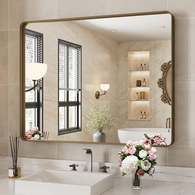 WEER Bronze Bathroom Wall Mirror, 40x30 Inch Oil Rubbed Bronze Vanity Mirror, Farmhouse Bronze Mirror with Aluminum Alloy Brushed Metal Frame, Tempered Glass, Anti-Rust (Horizontal/Vertical)