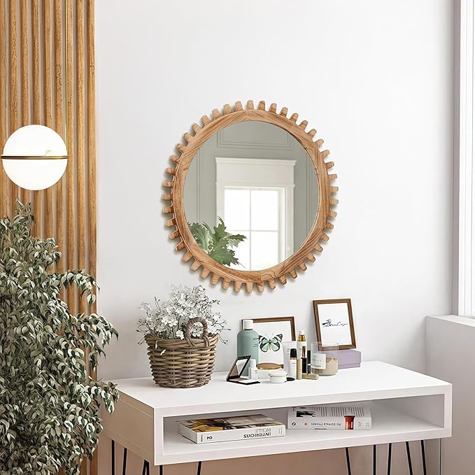 ULIKE Round Wood Mirror, 30 Inch Rustic Farmhouse Circle Mirror with Wooden Frame, Mordern Wall Decor for Bathroom Nursery Bedroom Living Room Entryway, Brown