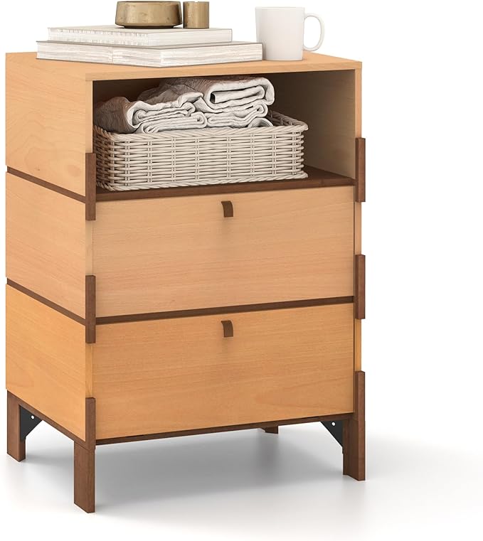 Sebastack End Table, Customizable 3 Drawers Bedside Table, Night Stand, Side Table for Bedroom, Dormitory, Mid-Century Style Wood Chest of Furnitures, 27.8 inch Tall