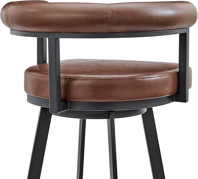Armen Living Magnolia Swivel Bar Stool in Black Metal with Brown Faux Leather