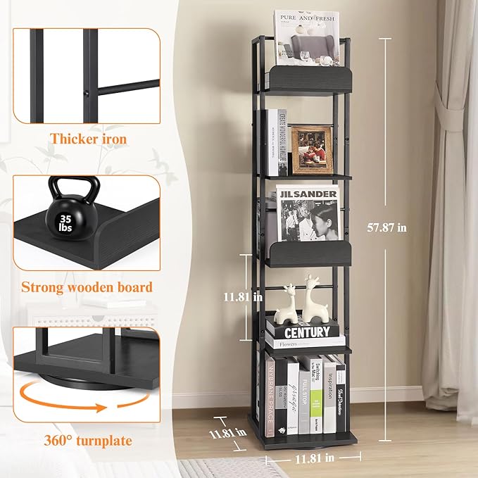Bikoney Rotating Bookshelf, 5-Tier Bookshelves Tower for Corner, Small Narrow Bookcase, Tall Industrial Bookshelf, Wood and Metal Black