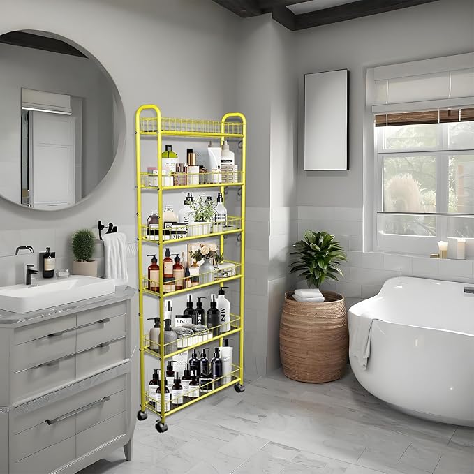 6-Tier Slim Storage Cart with Wheels,6in Narrow Rolling Shelf,Sturdy Slim Storage Ideal for Kitchen, Bathroom, and Laundry Room, Yellow