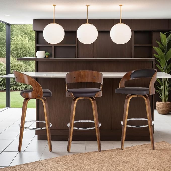 Armen Living Shelly 30" Bar Height Swivel Brown Faux Leather and Walnut Wood Bar Stool - Set of 2