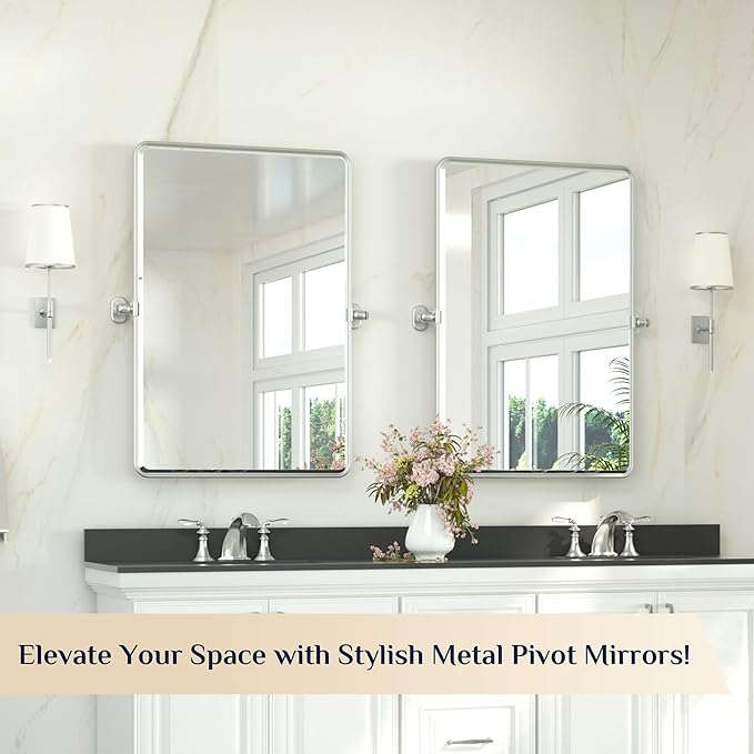 Keonjinn 24 x 36 in Silver Pivot Mirror, Satin Nickel Beveled Tilt Mirror Bathroom Rectangle, Adjustable Tilted Mirrors Bathroom for Over Sink, Framed Vanity Mirrors for Wall (Horizontal/Vertical)