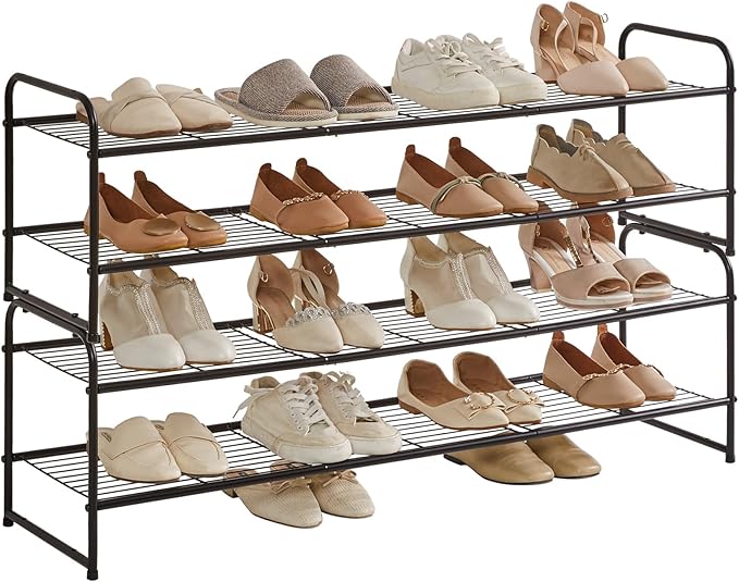 YMYNY Freestanding Shoe Racks, 2 Tiers Stackable & Adjustable Shoe Storage Shelf, Extra Large Capacity Shoe Organizer Stand for 12-18 Pairs, for Entryway, Closet, Bedroom, Black, 42.9" L, UHXJ303B