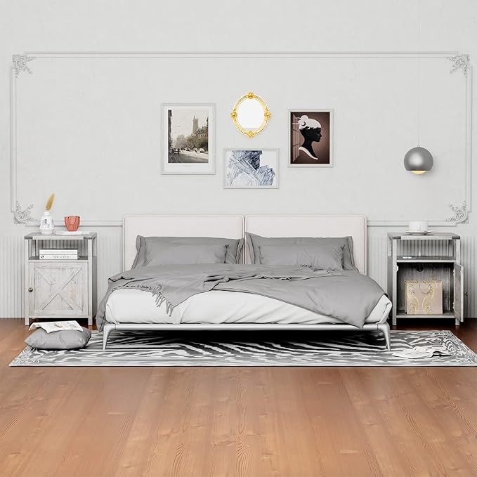 Farmhouse Nightstand with Charging Station, Grayish White End Table Bedroom with Storage Living Room Side Table Beige Night Stand Industrial Bedside Bed Table with USB Ports and Outlets