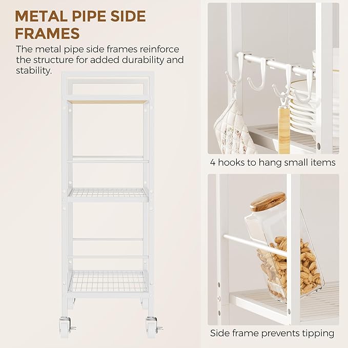 3-Tier Metal Storage Rack with Industrial Wheels,Mesh Shelving Unit with Wooden Table top,Adjustable Shelf,31.5-Inch Width, for Kitchen, Laundry,Pantry,Plant,Oak panel and white frame