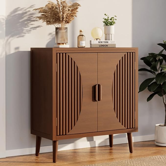 COSIEST 30" W Storage Cabinet with Doors and Shelves, Mid-Century Cabinet with Adjustable Shelf, Accent Sideboard for Kitchen, Dining Room, Living Room, or Hallway (Brown, Line Pattern)