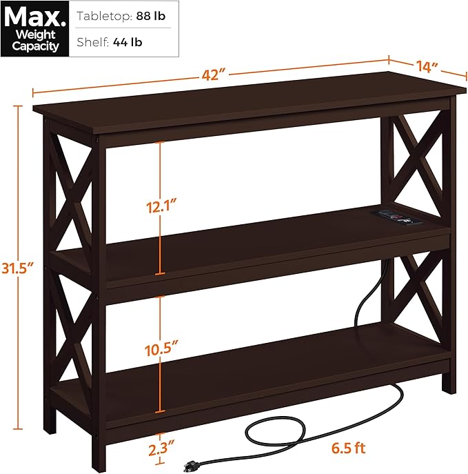 Yaheetech Console Table with Power Outlet, 3 Tier Narrow Sofa Couch Table with Storage Shelves, Wood Entryway Table Side Table for Living Room, Hallway, Entrance, Bedroom, Espresso