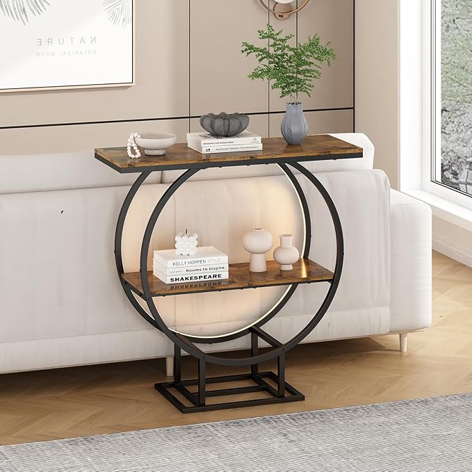 Console Tables, Entryway Table with Motion Sensor Light, 30" Height Behind Couch Sofa Table, Industrial Furniture, Hallway Table for Living Room, Entrance, O-Shaped Metal Frame, Rustic Brown
