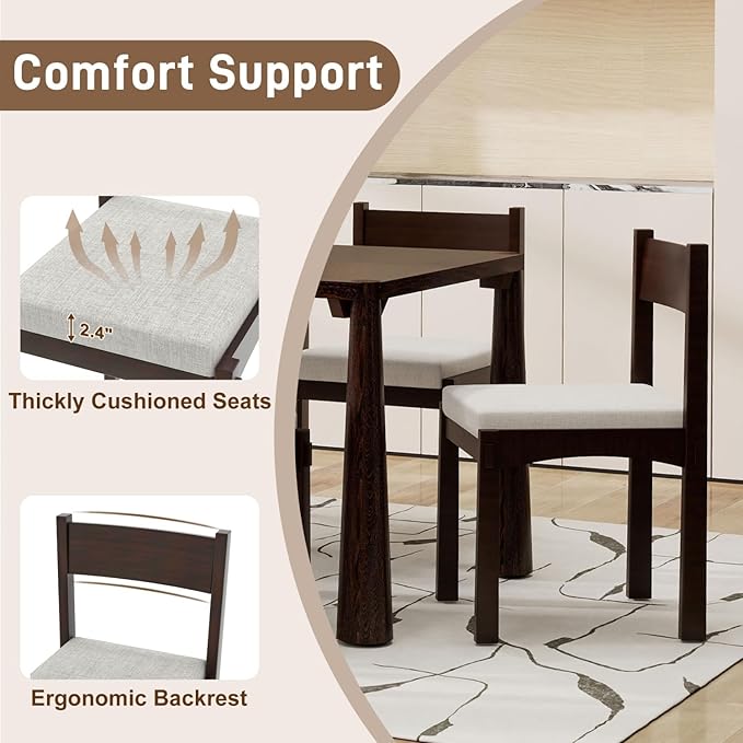 Dining Table with Chairs Set of 6, 7-Piece 60" Farmhouse Rectangular Dining Room Table with 6 Upholstered Solid Wood Chairs, Space Saving Kitchen Tables for Small Place (Espresso)