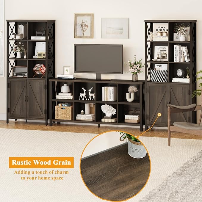 FATORRI Industrial Tall Bookshelf, Rustic Bookcase with Doors, 6 Cube Storage Organizer with Shelf for Living Room, Wood and Metal Book Shelf for Home Office (Walnut Brown)