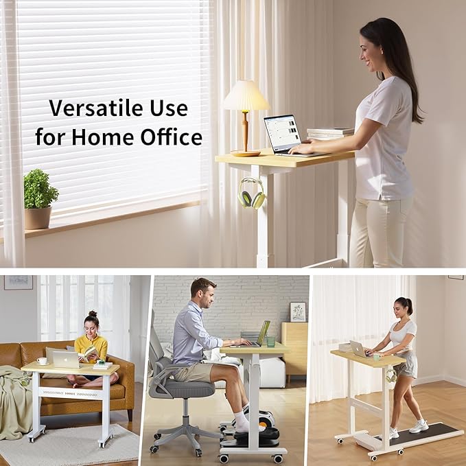 Mobile Walking Pad Desk with Wheels, Pneumatic Small Rolling Standing Desk Riser Height Adjustable (28-43.7") for Treadmill, Portable Computer Table for Home Office, Oak