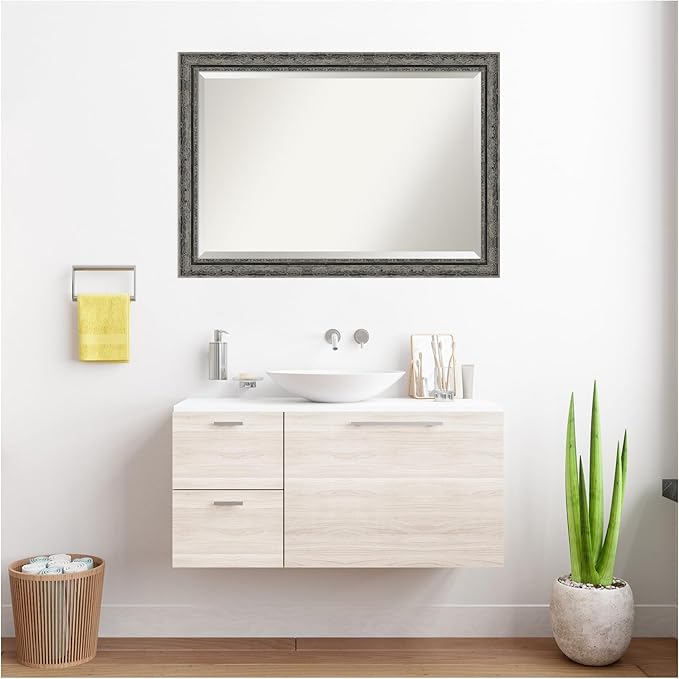 Amanti Art Bathroom Mirror for Over Sink, 29x41 Filigree Matte Black Rectangle Vanity Mirror, Large Traditional Frame, Hangs Horizonally and Vertically, Bathroom Wall Decor, Beveled Edge
