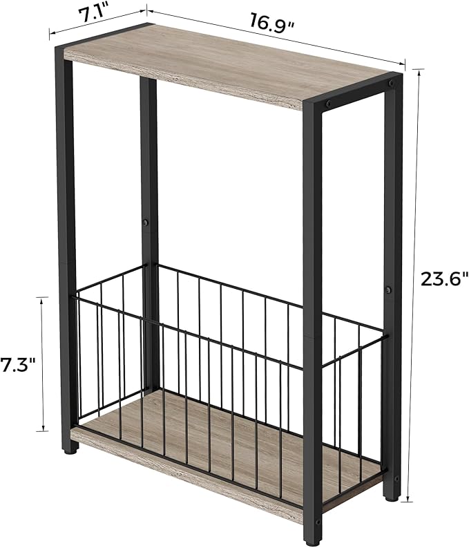Narrow Side Table with Magazine Holder, Skinny End Table Perfect for Small Spaces, Space-Saving Design for Living Room, Bedroom, or Office, 7.1" D x 16.9" W x 23.6" H, Greige