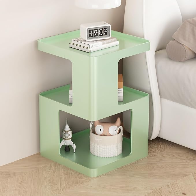 Metal Small Nightstands, Modern Side Table with 3 Tiers Storage, Green End Table for Couch, Living Room Bedroom, Bedside Tables No Assembly Required