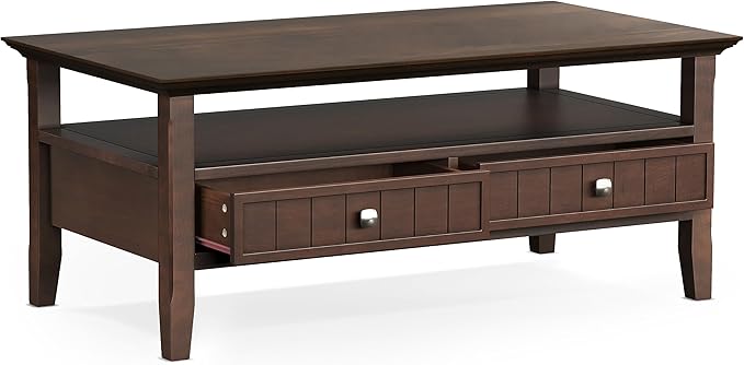 SIMPLIHOME Acadian Coffee Table - 48 inch Wide Solid Wood Transitional Cocktail Table with 2 Drawers in Brunette Brown, Classic Living Room Table with Storage Shelf and Tapered Legs