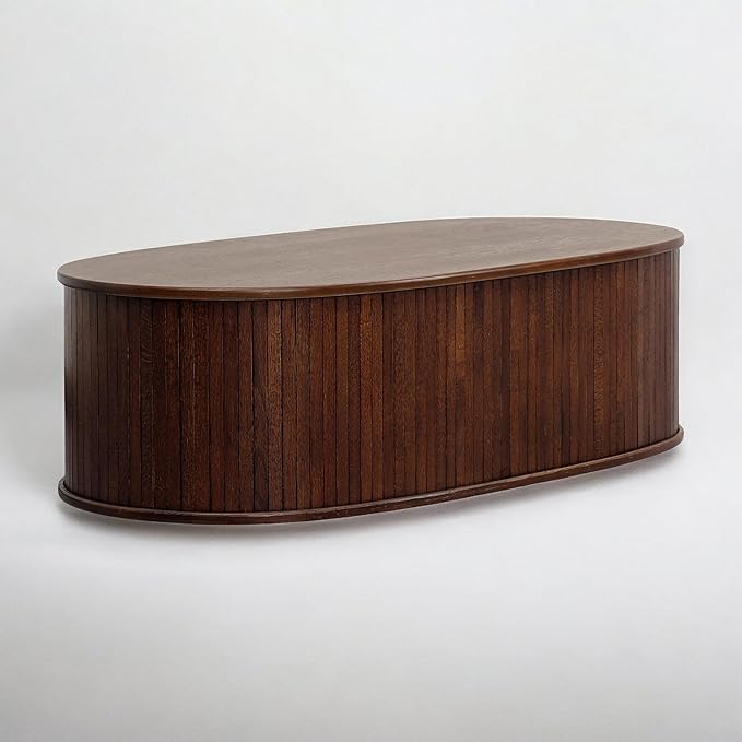 NTC Stream Coffee Table, Modern Oval Wooden Center Table with Vertical Groove Design, Stylish Living Room Decor, Contemporary Minimalist Style for Home and Office, Easy Assembly - Dark Walnut