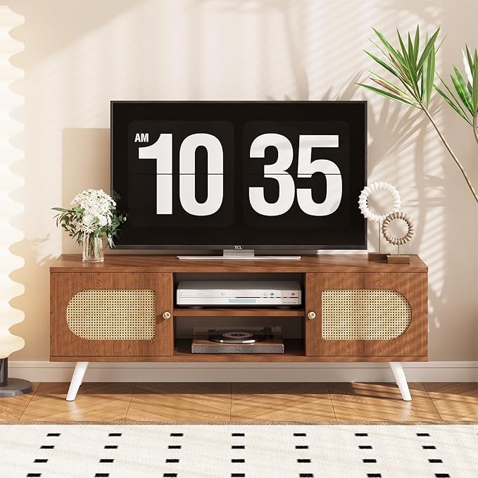 55" Rattan TV Stand for 65 Inch TV Solid Wood TV Console Entertainment Center with 2 Cabinets for Living Room Bedroom, Retro Brown
