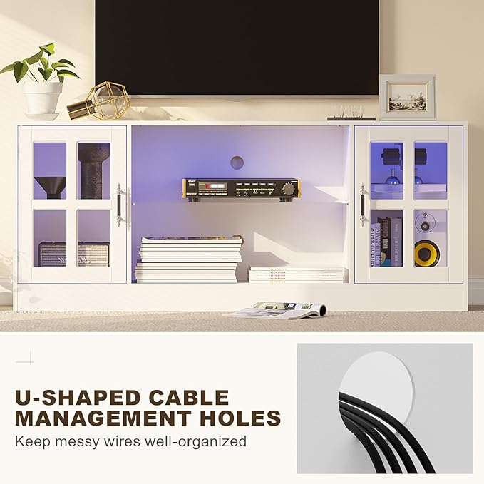 4-Piece Wall Unit TV Stand with Storage & LED Lights for TVs up to 75", Modern Entertainment Center with Bookshelves & 8-Door Pantry Cabinet, White