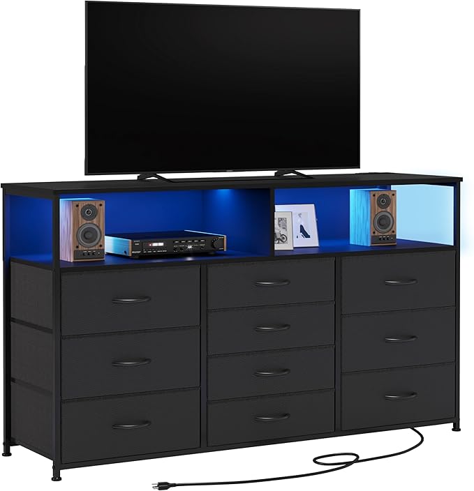 55W 10-Drawers Dresser with 2 Open Storage Shelves, TV Stand Dresser for 55,65 inch TV，with Power Outlets and LED Lights, Fabric Dressers Drawers for Bedroom, Living Room (Black)