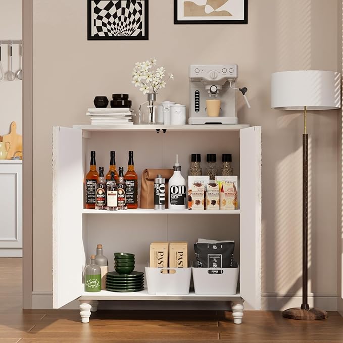 COSIEST 32" W Sideboard Buffet Cabinet with Storage, Accent Cabinet with 2 Push-to-Open Magnetic Doors, Vintage MDF Buffet Table for Living Room, Kitchen, Hallway (Gray,Flower Pattern)