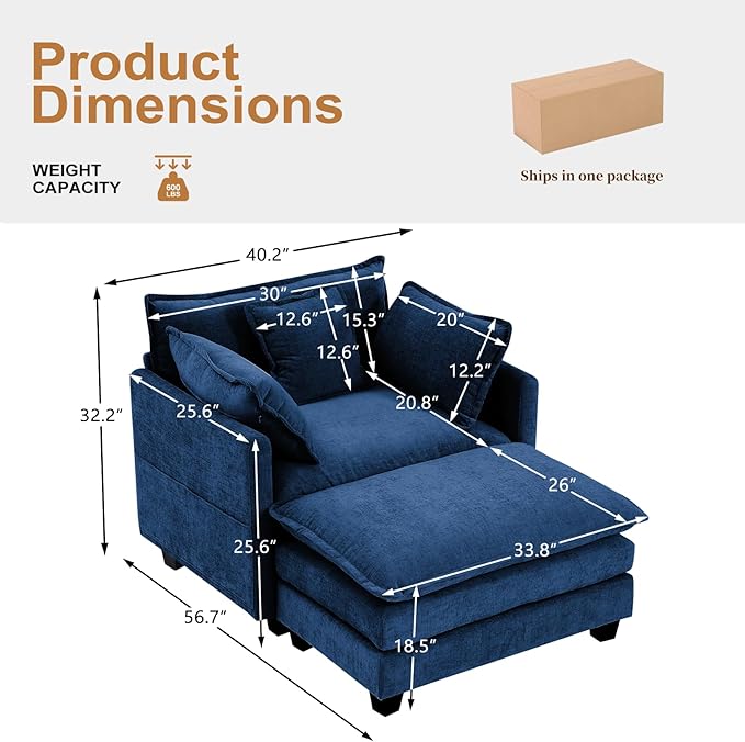 Furniliving Oversized Accent Chair with Ottoman, Luxury Chenille Single Sofa, Upholstered Deep Seat Chaise Lounge with Pillows for Living Room, Bedroom, Apartment, Blue