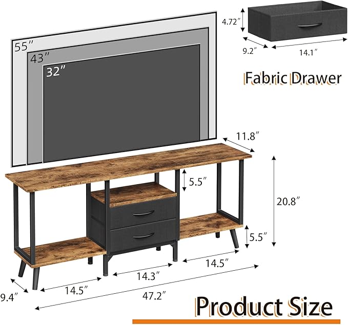 Small TV Stand with Fabric Drawers/LED Light for 55 inch TV, Entertainment Center with Storage Open Shelves，Media Console Table for Living Room, Bedroom, Rustic Brown
