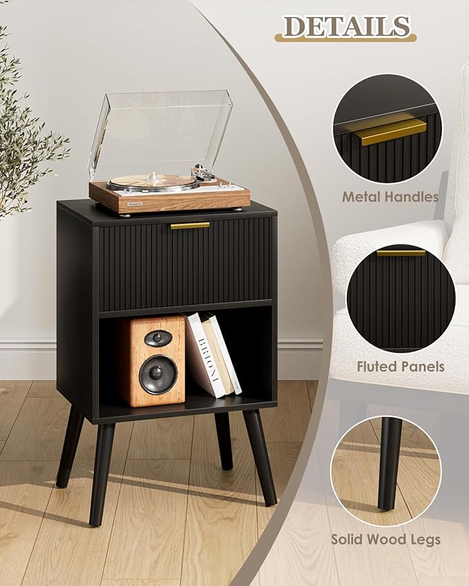 Nightstand, Small Side Table, Bedside Table with Drawer, Modern Night Stand, End Table for Bedroom, Living Room (Black Stripe)