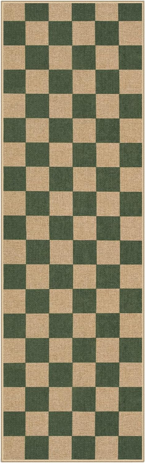 Lahome Checkered Outdoor Runner Rug, 2x8 Green Kitchen Runner Rugs for Non Skid Washable Entryway Carpet, Checkerboard Non Slip Non Shedding Carpet for Bedroom